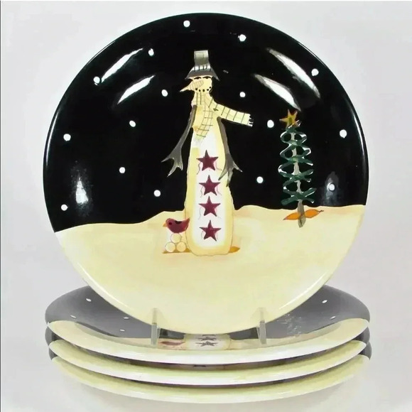 MIDNIGHT SNOWMAN 8” Dessert Plate Set of 4 - Picture 1 of 6